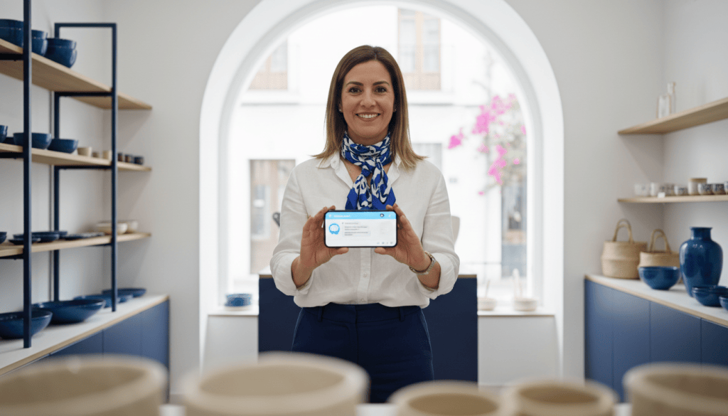 Dueña de un pequeño negocio consultando en el móvil cómo la IA recomienda empresas