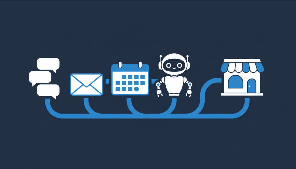 Ilustración de un flujo automatizado con inteligencia artificial que atiende y hace seguimiento de clientes